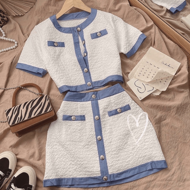 (Free Ship) SET XỐP VIỀN XANH NÚT ÁO CROPTOP + CHÂN VÁY CÓ LÓT h.h.p