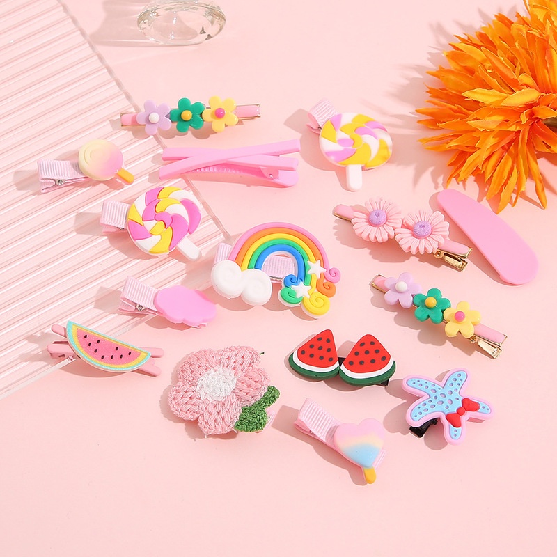 Set 14 Kẹp Tóc Hình Trái Cây / Hoa / Bướm / Trái Cây / Cầu Vồng Bằng Nhựa Resin Thời Trang Cho Nữ