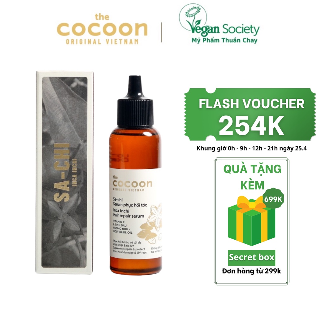 Serum Tóc Cocoon Sachi Phục hồi tóc hư tổn, khô xơ, chẻ ngọn 70ml - Vegan Society - Mỹ phẩm thuần chay Việt Nam