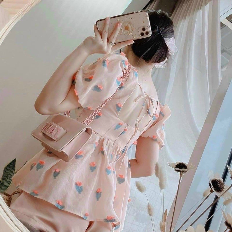 LOAI 1-Set dâu Set bộ babydoll tiểu thư hoạ tiết tim nổi áo cổ vuông đính ngọc set bộ nữ ngắn set hồng dâu set nữ dâu