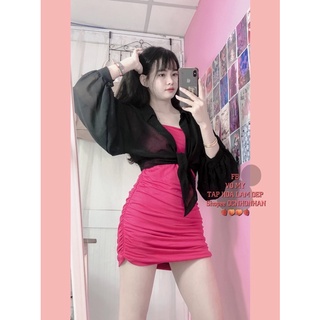 Set áo voan cột eo + đầm body 2 dây nhún