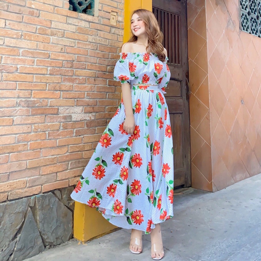 Set đồ Vintage áo Croptop trễ vai và chân váy Midi siêu tôn dáng VINTAGE STORE