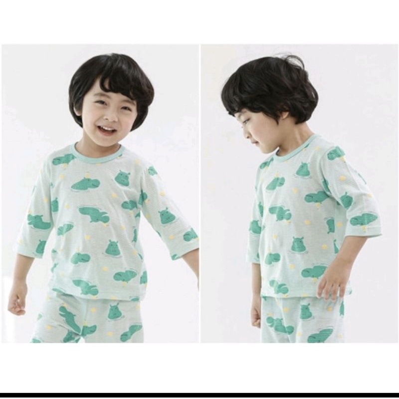 [130,150] Bộ lửng tay lỡ cotton giấy siêu mềm mịn màu xanh hà mã cogibie xuất Hàn dư xịn cho bé trai