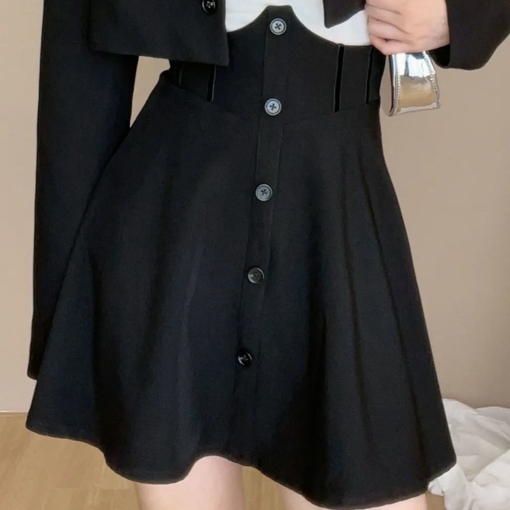 Set Áo Khoác Phối Chân Váy Màu Đen Thời Trang Mùa Thu Cho Nữ