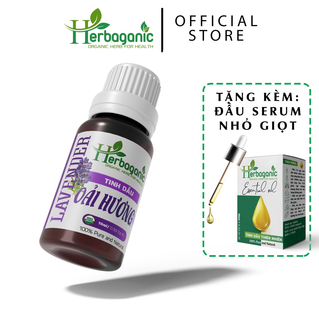Tinh dầu Oải hương 10ml - Lavender essential Oil, tinh dầu thiên nhiên xông phòng Herbaganic tặng kèm đầu serum nhỏ thumbnail