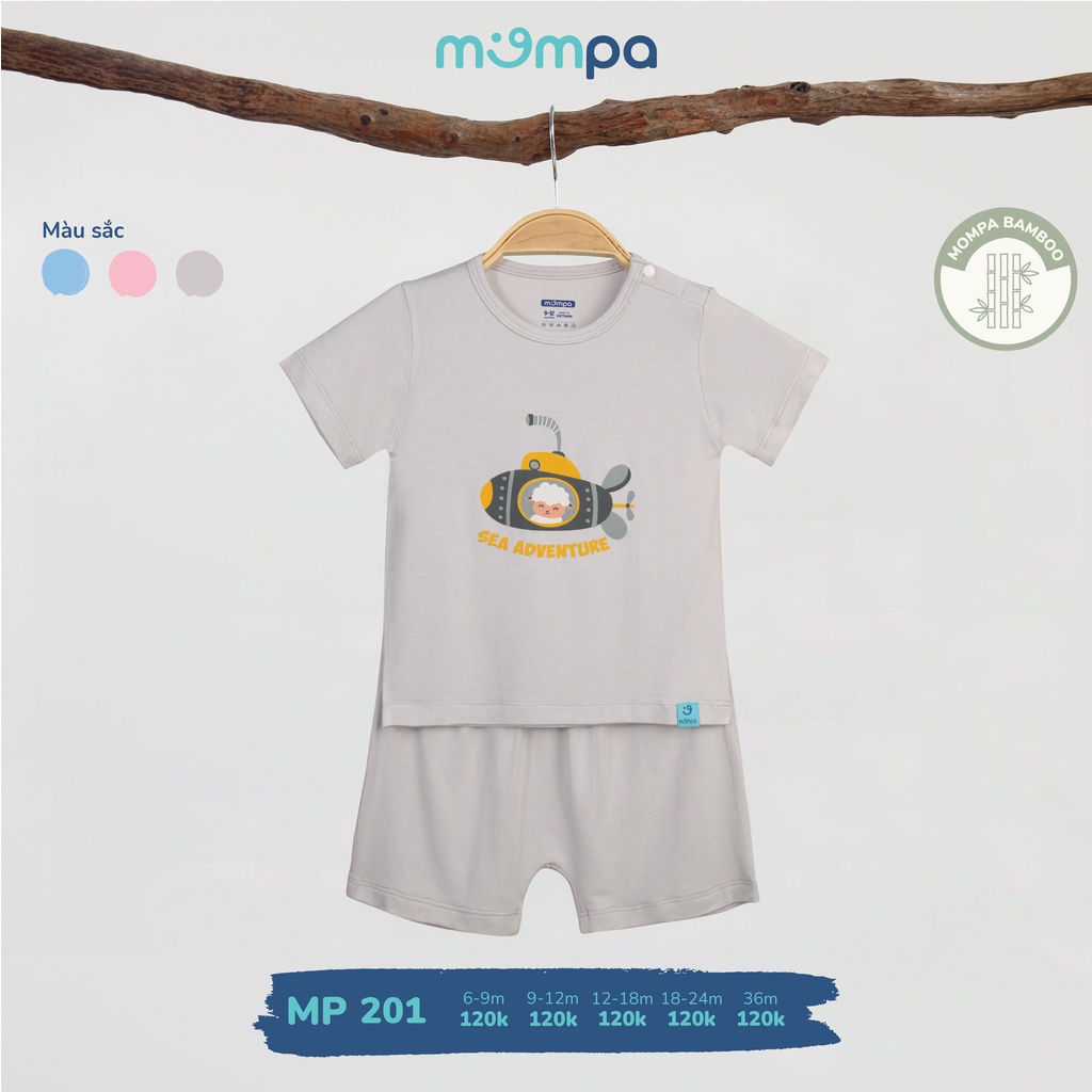 Quần áo cho bé dáng cộc tay trơn in hình Mompa MP 201 vải sợi tre bamboo thoáng mát 6 đến 36 tháng