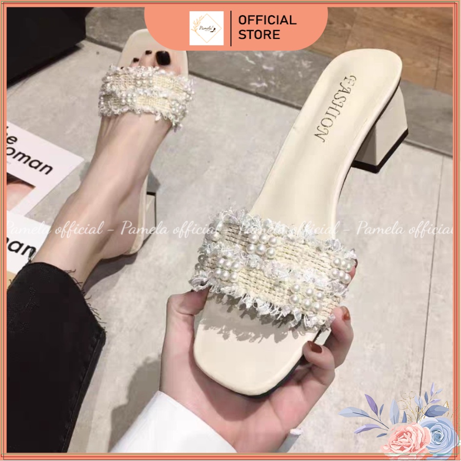PAMELA - Guốc Nữ Mũi Vuông Thời Trang Phối Vải Tweed Đính Hạt Gót Vuông Chắc Chắn 5 Phân - G43