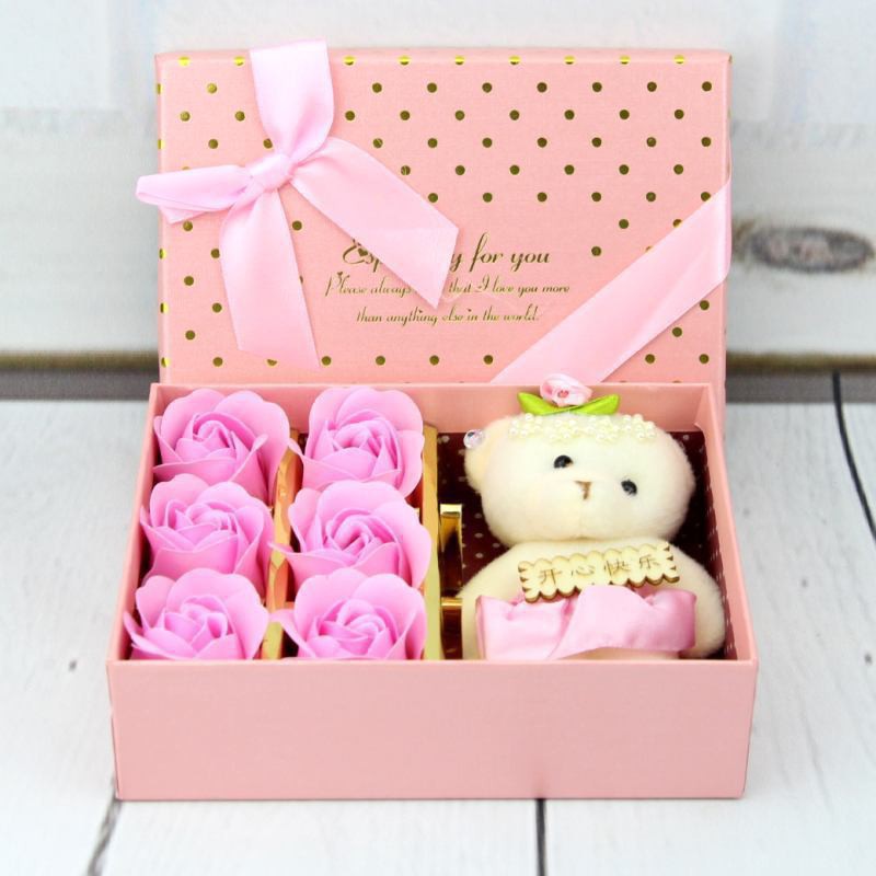 Quà Tặng 8/3 -  Hộp Hoa Hồng Sáp Thơm 6 Bông Kèm Gấu (Gấu mềm) - tặng kèm thiệp chúc mừng