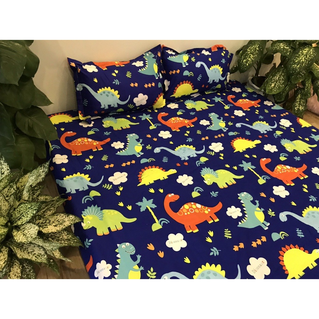 Bộ ga gối cotton poly 3 món họa tiết mẫu khủng long xanh Bà Béo Kho chăn ga gối, ga giường, drap giường