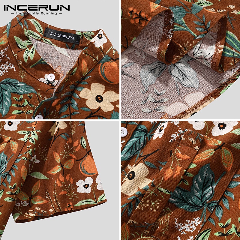 Áo sơ mi INCERUN vải cotton tay ngắn cài nút họa tiết in kiểu retro mùa hè cá tính dành cho nam