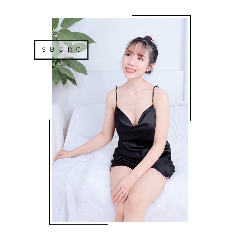 Đồ ngủ 2 dây SBORG cổ đổ sexy, bộ ngủ lụa satin cao cấp mặc nhà mềm mai de thương 45-65kg quà tặng vợ