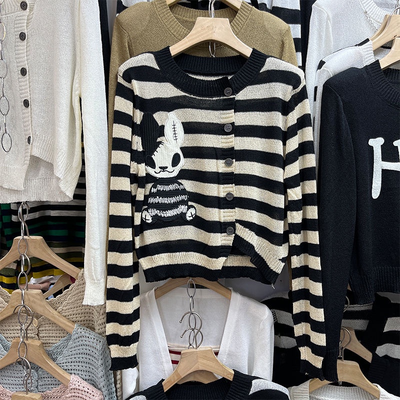 Áo Cardigan Dệt Kim Tay Dài Kẻ Sọc Thêu Hình Thỏ Phong Cách Hàn Quốc Thời Trang Mùa Thu Cho Nữ