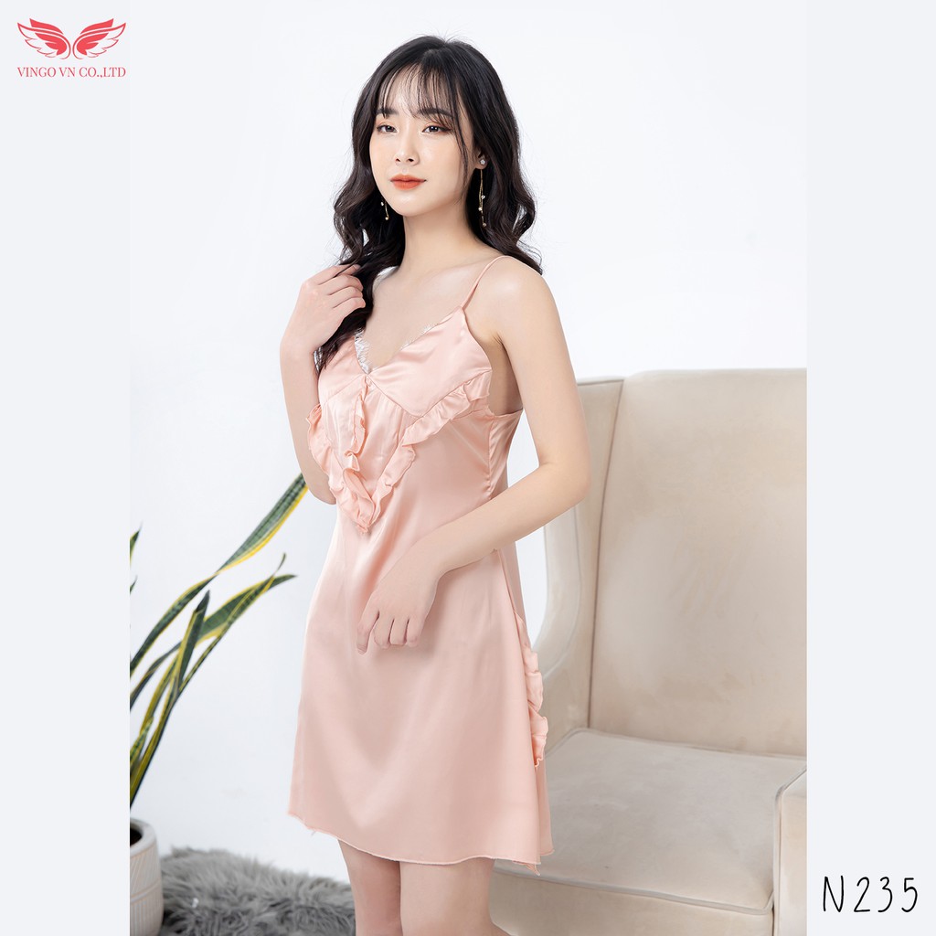 VNGO Váy Ngủ Nữ Hai Dây Lụa Pháp Cao Cấp Ngực Phối Ren Gợi Cảm Sexy N235 Thương Hiệu Vingo | BigBuy360 - bigbuy360.vn