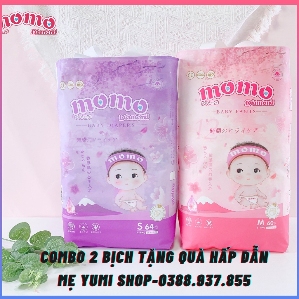 [Siêu thấm-Siêu mịn] Combo 2 Bịch Bỉm Tã Dán/Quần MOMO DIAMOND Cao Cấp S128,M124,L108,XL100,XXL96,XXXL92