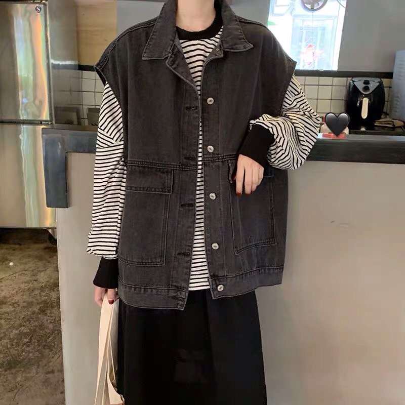 [Sẵn] AB2_Áo gile bò, áo jean unisex dáng rộng phong cách ulzzang hàn quốc
