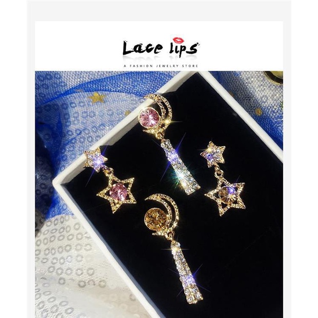 Hoa Tai Dáng Dài Hình Mặt Trăng Và Ngôi Sao Đính Đá Mạ Bạc 925 Cho Nữ