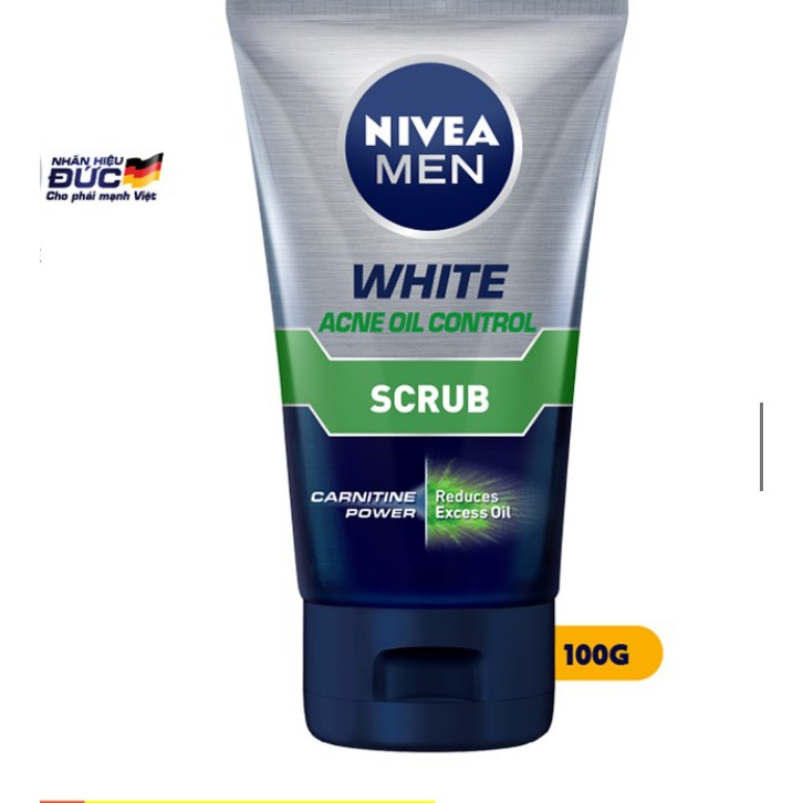Sữa rửa mặt kiểm soát nhờn Nivea Men White Acne Oil Control Scrub 100g - Đức Chính Hãng