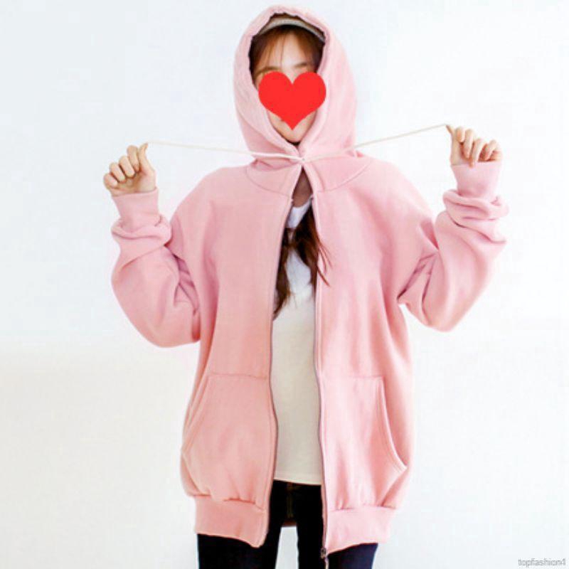 Áo khoác hoodie nhung dáng rộng màu trơn phối khoá kéo | BigBuy360 - bigbuy360.vn