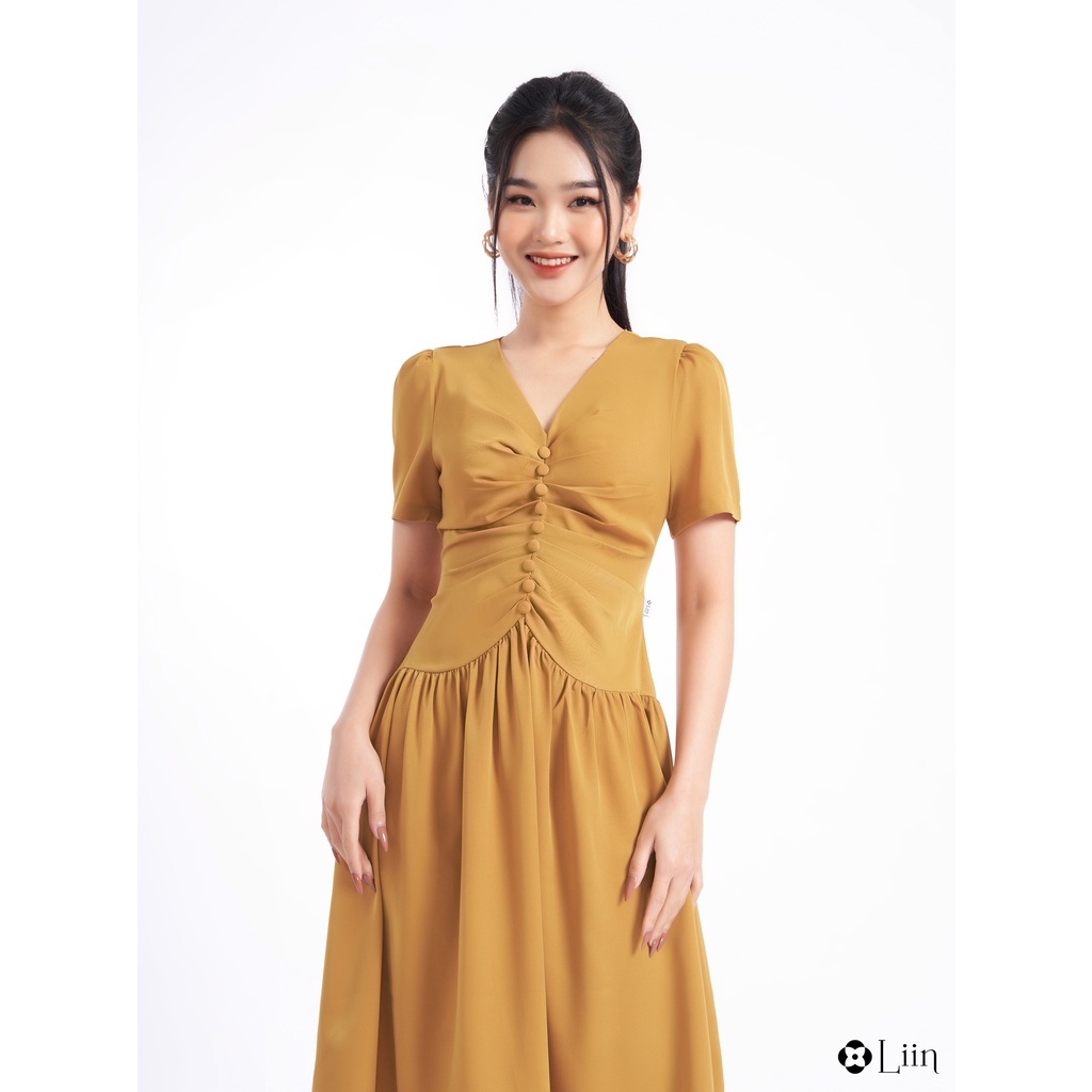 Đầm dự tiệc linbi dáng suông đẹp cao cấp thiết kế cổ V, cúc bọc thanh lịch liin clothing D6411