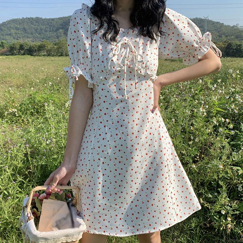 Đầm Nữ Ngắn Tay Cổ Vuông Họa Tiết Hoa Xinh Xắn Phong Cách Hàn Quốc