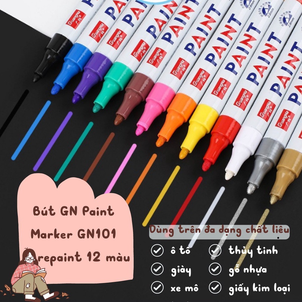 Bút sơn vẽ ô tô giày xe mô hình thủy tinh gỗ nhựa giấy kim loại GN Paint Marker GN101 repaint mực 12 màu
