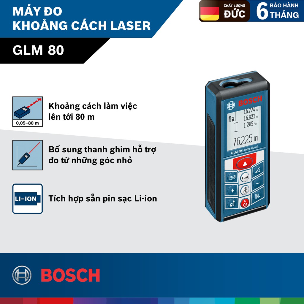 Máy đo khoảng cách 80m Bosch GLM 80 Xuất xứ Malaysia, bảo hành điện tử 6 tháng