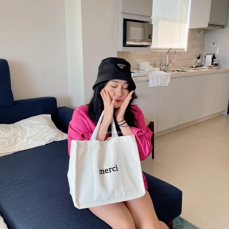 T310-T311/Túi vải Merci 2 màu trắng, đen phù hợp đi du lịch, đi biển phong cách vintage - CHUTCHUTO