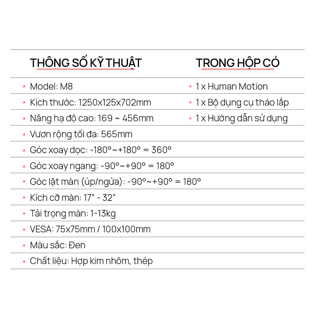 Giá Đỡ Màn Hình Human Motion M8 - Công Nghệ Trợ Lực Lò xo HyperLift+ 2.0