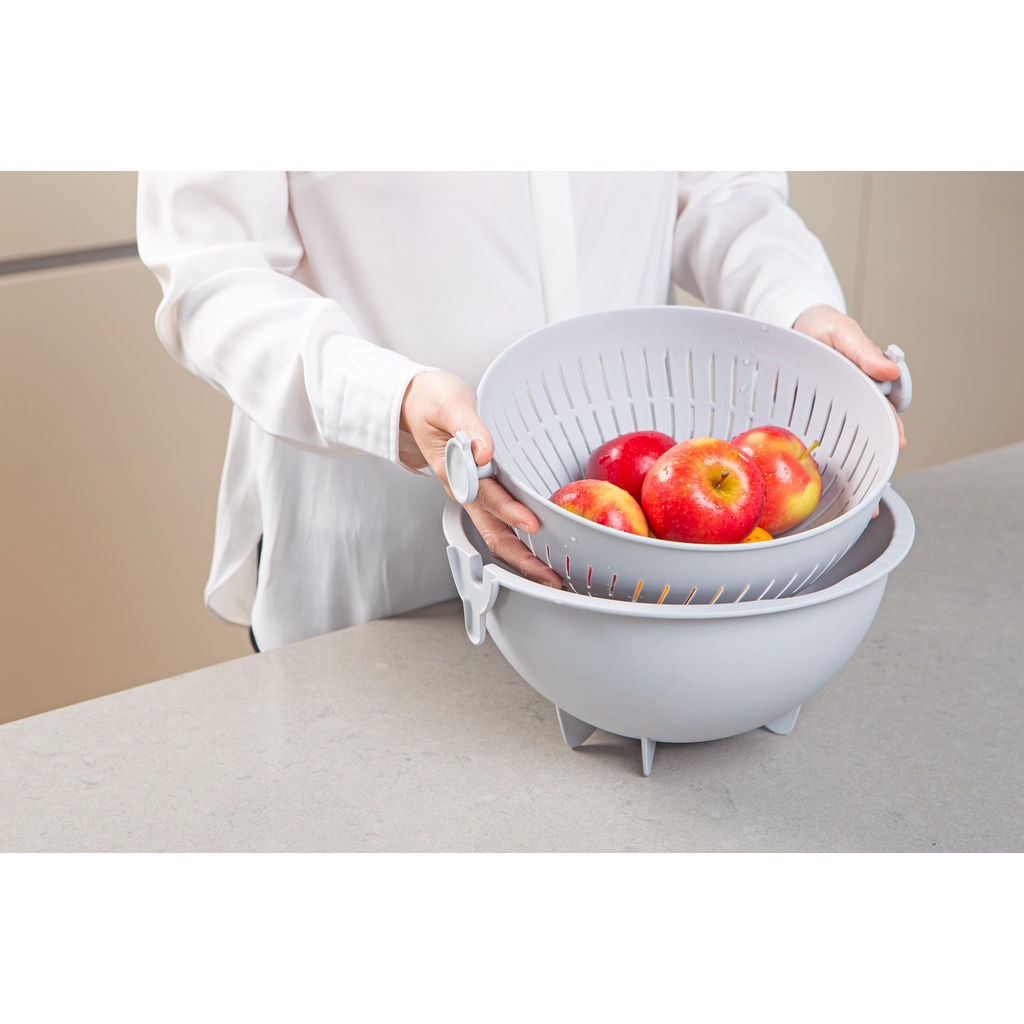 Bộ thau rổ xoay 28cm, dùng rửa rau củ quả, chắt nước tiện lợi, nhựa nguyên sinh an toàn sức khỏe