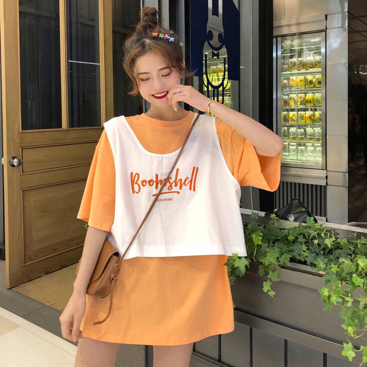 Set Áo Thun Tay Ngắn + Áo Thun Sát Nách Dáng Rộng Thêu Chữ Phong Cách Hàn Quốc Thời Trang Mùa Hè 2022 Cho Nữ