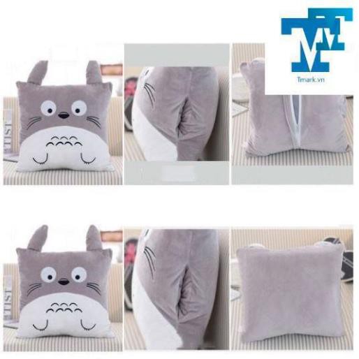 Bộ chăn gối văn phòng 3 in 1 Totoro vuông màu xám có thể mang đi du lịch tiện lợi