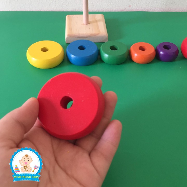 Đồ chơi gỗ tháp xếp chồng cho bé nhận biết màu sắc kích thước, Đồ chơi Montessori gỗ an toàn