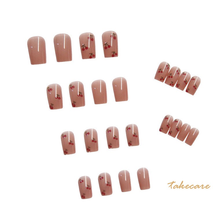 [Hàng mới về] Bộ 24 Móng Tay Giả Ngắn In Họa Tiết Trái Cherry Đáng Yêu Sành Điệu