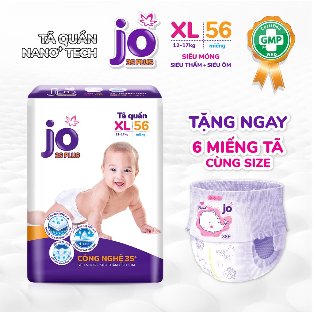 (New - Tặng 6 miếng) Tã quần JO 3S Plus M72/L64/XL56/XXL48