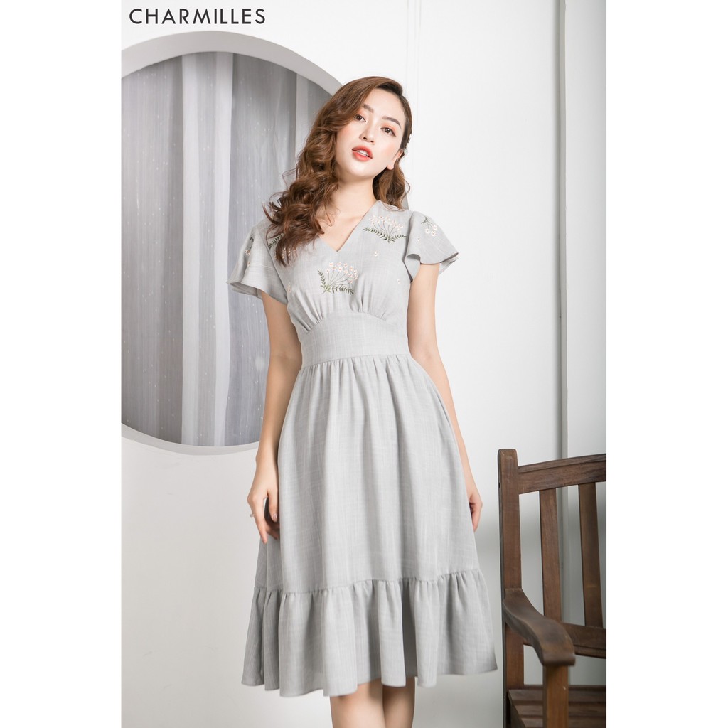 Đầm cộc tay thêu hoa Charmilles màu ghi đá size L