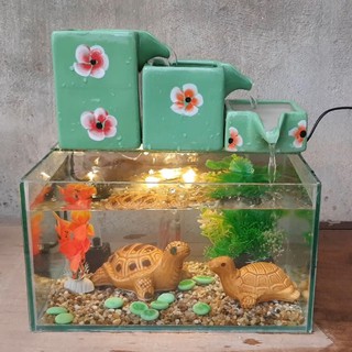 Thác nước phong thủy 3 tầng kết hợp bể cá mini, dùng bơm chìm 4W và đèn led đom đóm