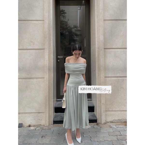 Đầm Trễ Vai Ôm Body Ngắn Tay Nhún Xoè Tiểu Thư