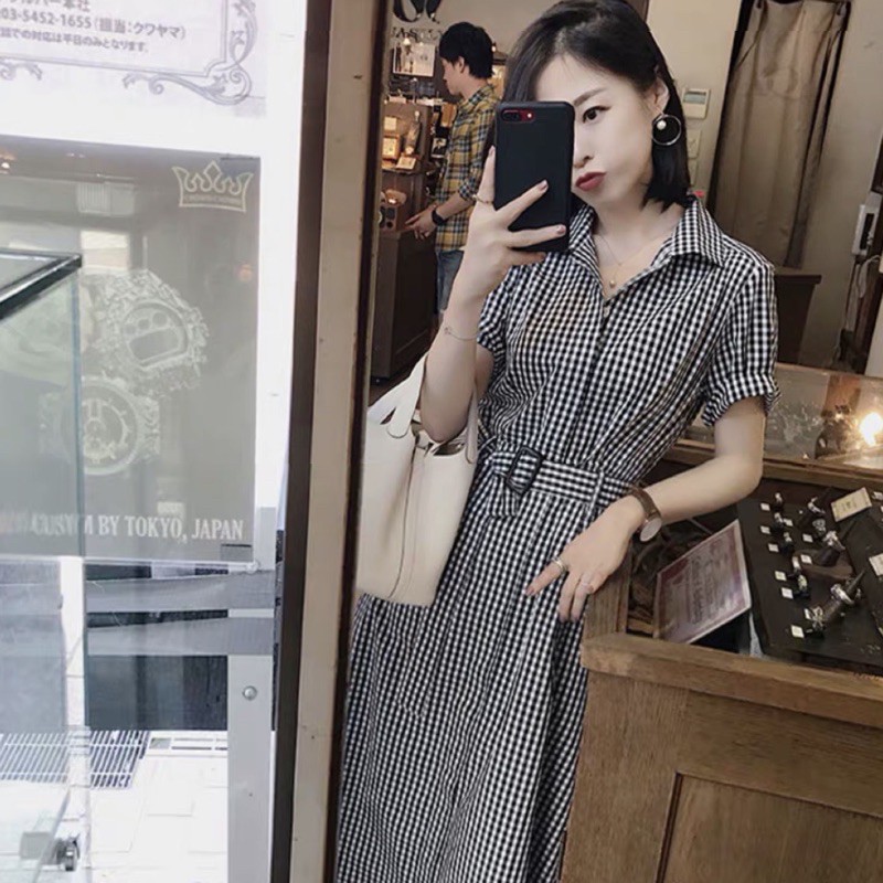 Đầm váy sơ mi caro kẻ đen kèm belt