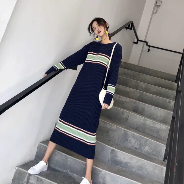 Váy len maxi kẻ ngang cực chảnh