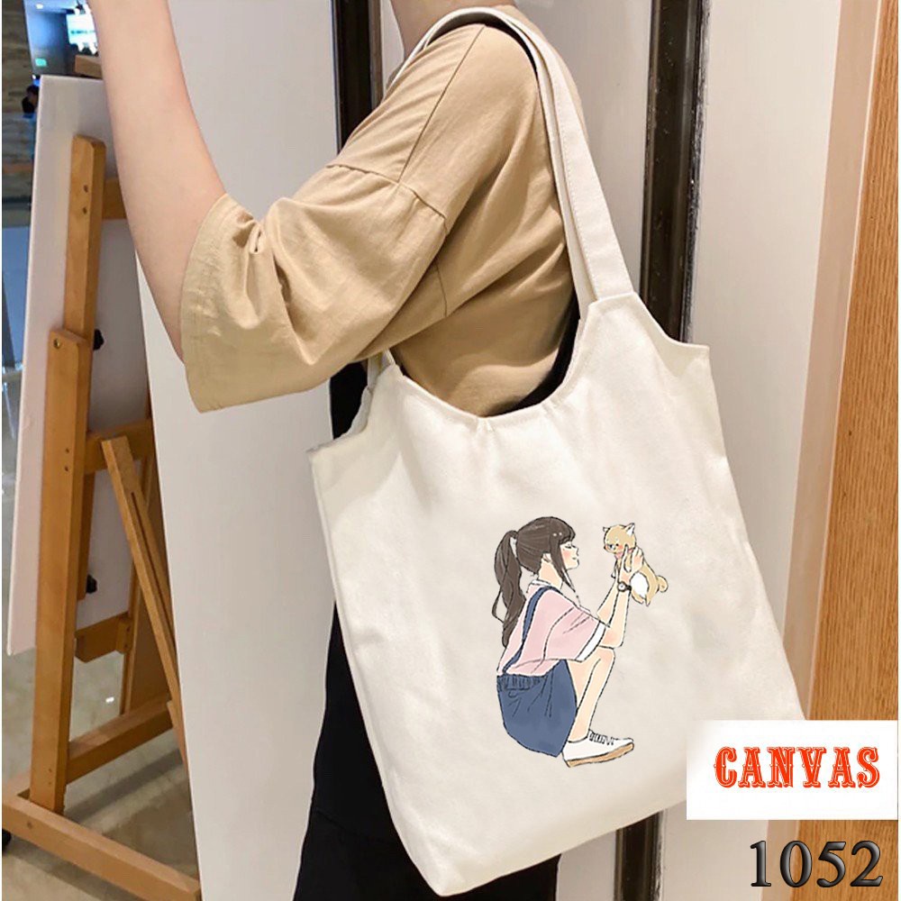 TÚI TOTE TRẮNG CHẤT VẢI CANVAS 1052 HER AND CAT DỄ THƯƠNG HÀNG CHUẨN ĐẸP