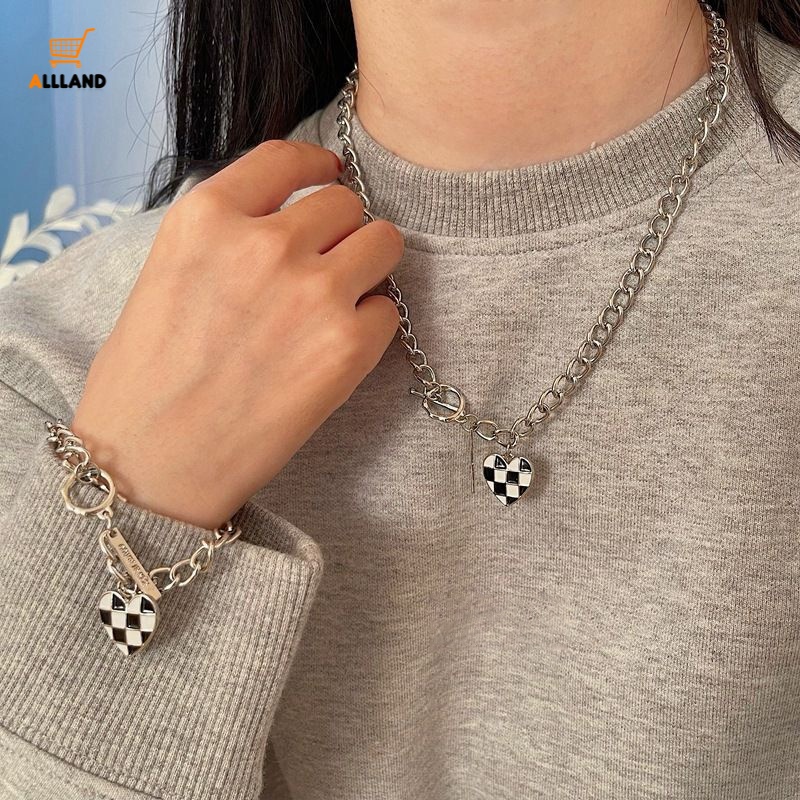 Vòng cổ/ Vòng Tay/Vòng Tay Bằng Hợp Kim Kẻ Caro Trắng Đen Mặt Trái Tim Thời Trang Hiphop Cho Nữ