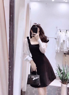 ☀️Đầm Cổ Vuông Tay Lưới Trắng
