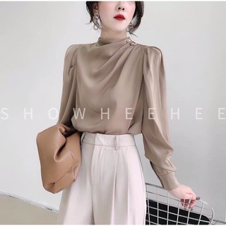 XẢ KHO-Áo lụa satin cổ xếp ly tay bồng