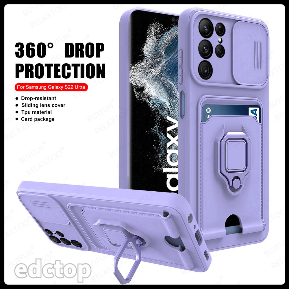 Samsung Galaxy S 22 S22 Ultra Plus Wallet Card Slot Cover S22Ultra Magnetic Ring Stand Coque TPU Slide Protect Case