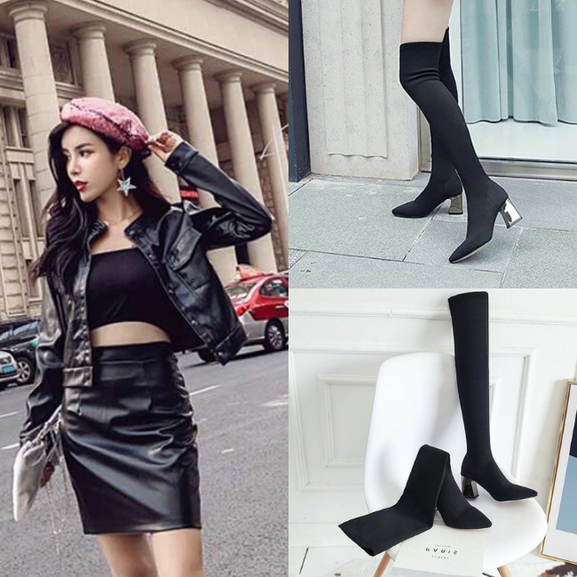 Giày boot len cổ cao đế vuông quá gối màu đen GBLC-04B3