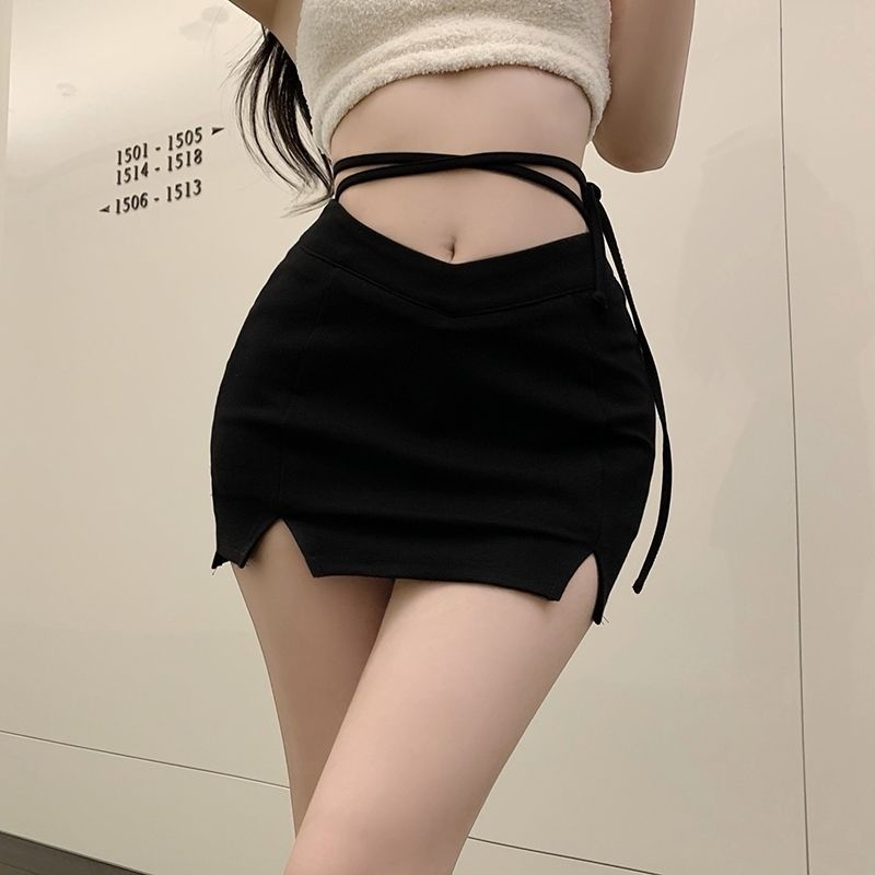 Jiashucheng Hàng Có Sẵn Chân Váy Đen Lưng Cao Dáng Chữ a Xẻ Tà Hông Thời Trang Mùa Hè Cho Nữ