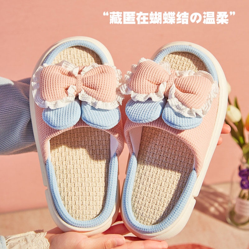 Dép Cotton Lanh Đế Dày Đính Nơ Chống Trượt Thời Trang Mùa Hè Cho Nữ
