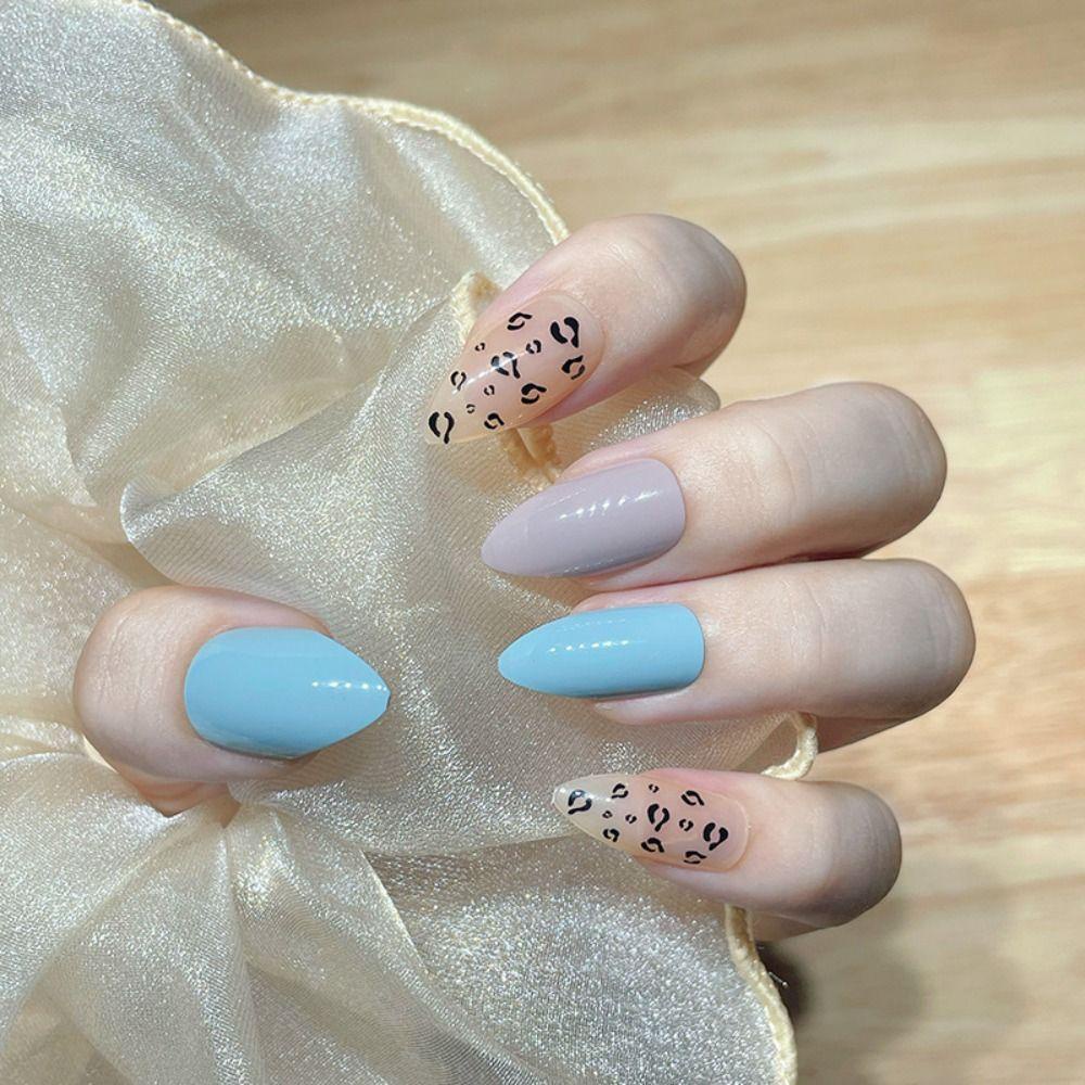 Set 24 Móng Tay Giả Màu Đen / Nâu / Nâu Họa Tiết Da Báo Kiểu Pháp