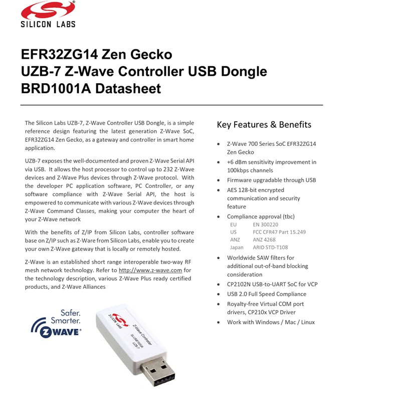 USB Z-Wave 700 Điều Khiển Thiết Bị Zwave Fibaro Aeotech EFR32ZG14 UZB-7