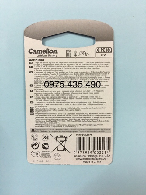 Pin CR2430 Camelion 3V Lithium Chính Hãng Vỉ 1 Viên